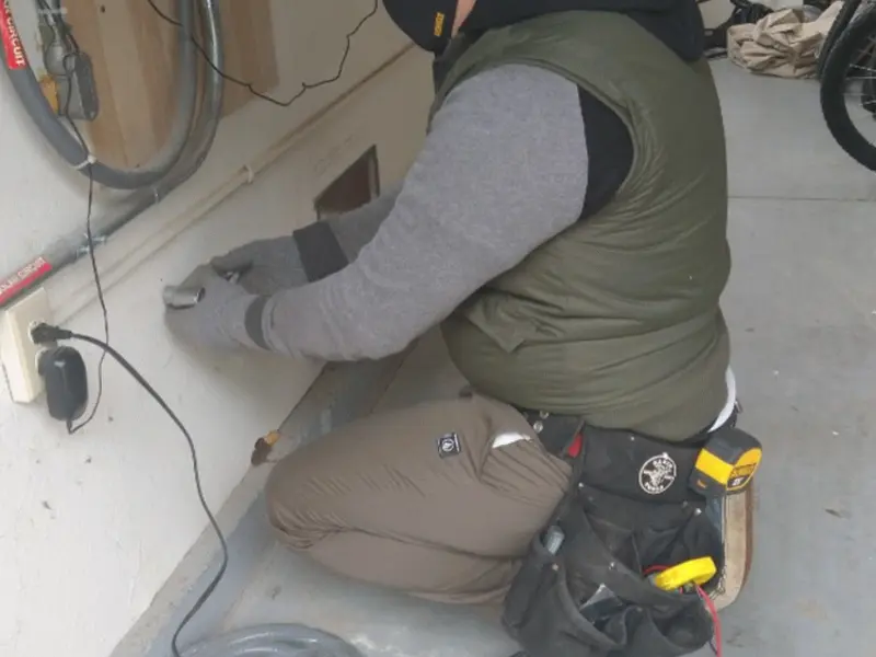Electrician performing outlet wiring in a Norwood garage